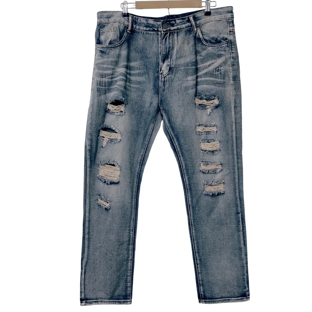 Mens Denim Jeans Light Wash Straight Leg Size 40 Streetwear Casual Distressed